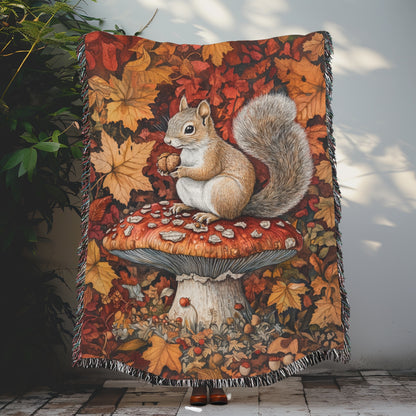 Squirrel In A Leafy Paradise Woven Blanket, Cozy Fall Home Decor, William Morris Inspired Cotton Blanket