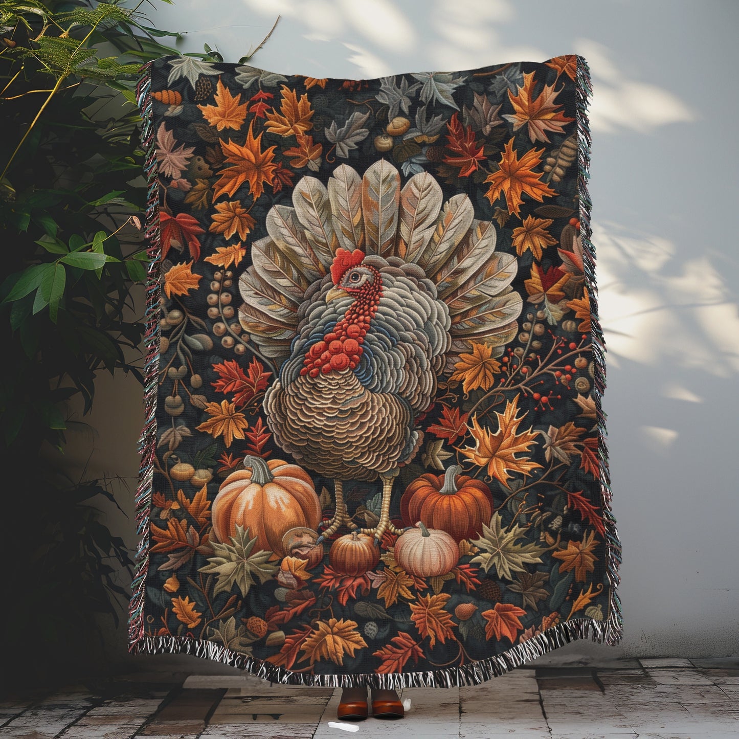 Thanksgiving Turkey Fall Woven Blanket, Fall Cozy Home Decor, William Morris Inspired Cotton Blanket