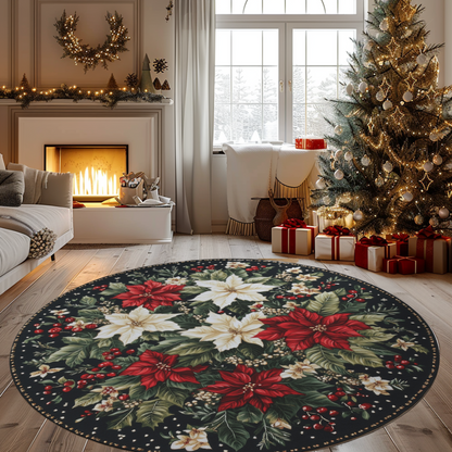 Christmas Flowers Floor Round Area Rug, Holiday Decoration, Festive Home Decor, Xmas Gift, Winter Season Rug, Christmas Gifts Round Rug